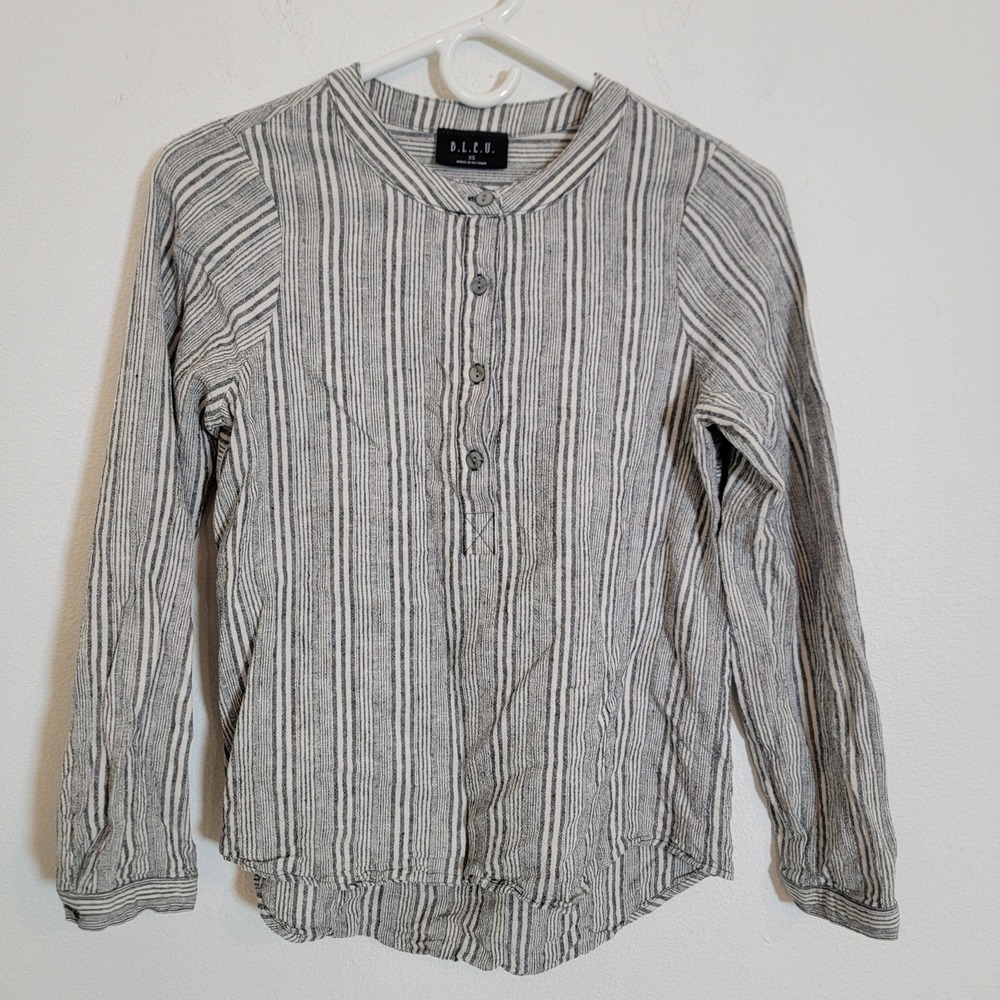 B.L.E.U. BLEU Linen Blend Long Sleeve Top XS Stripe Button‎ Up Lagenlook Coastal